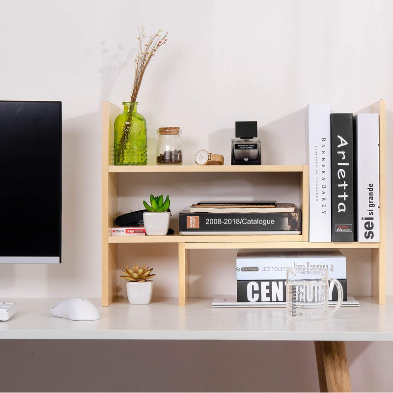 VERGOODR Desktop Organizer Office Storage Rack Adjustable Natural Wood Display Book Shelf Stand Rack Wood Caddy Desk Organizer Set Office Storage Expandable Tabletop - Image 2